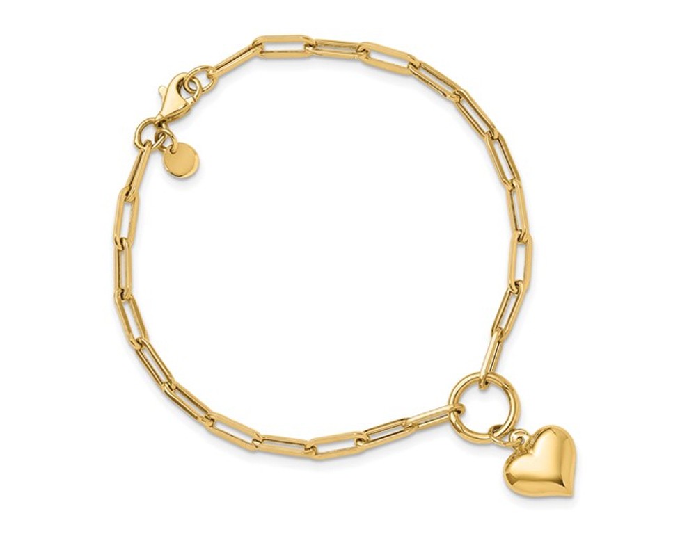 14K Yellow Gold Puffed Heart Paper Clip Link Bracelet (7.25 inches)