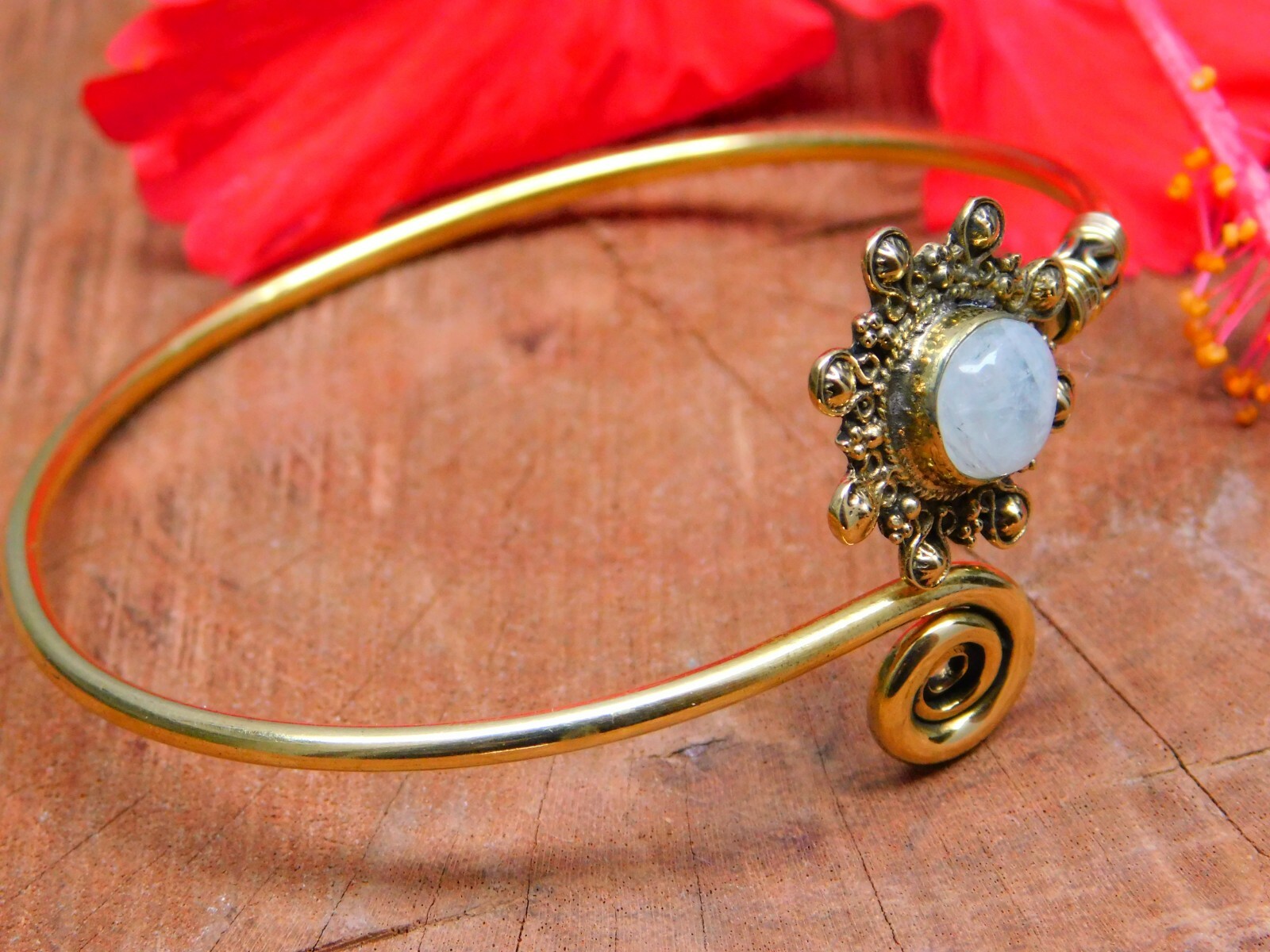 Natural White Rainbow Moonstone Bracelet, Brass Tribal Hand Cuff Ethnic Bangle