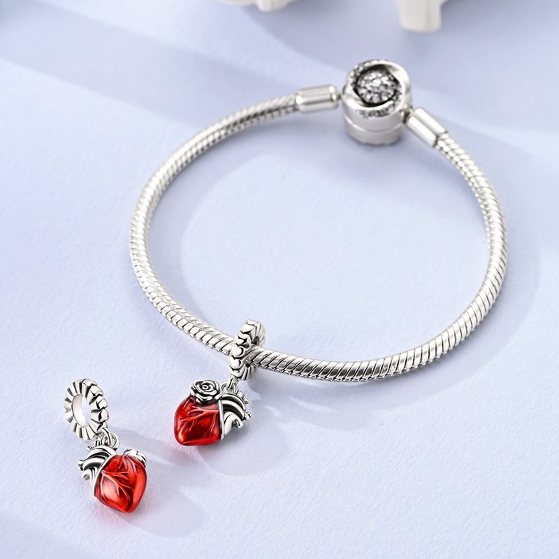 MULA 925 Sterling Silver DIY Charm Red Rose Heart Pendant for Women Bracelet