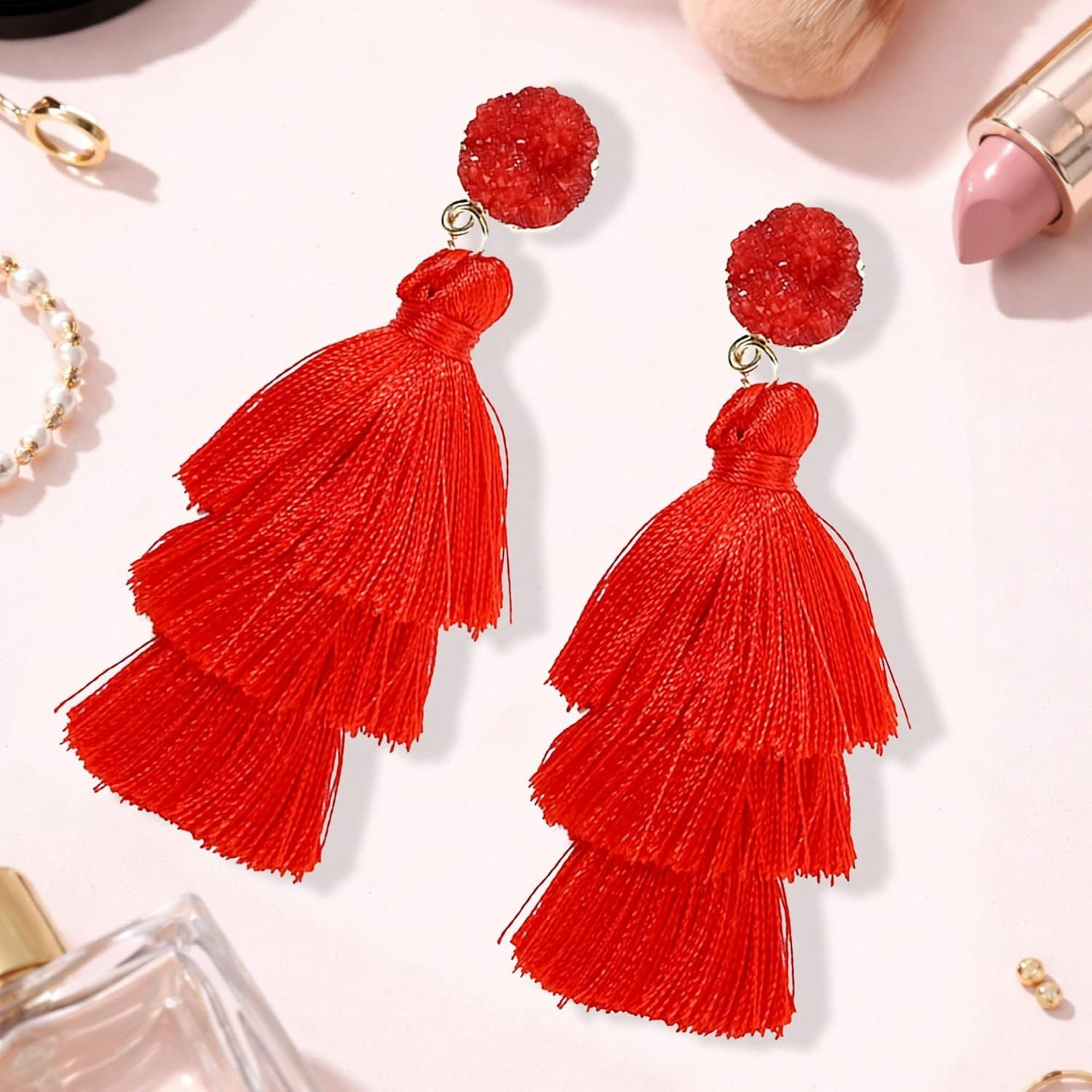 Lightweight Red Tassel Earrings for Women – Chic Drop Design, Perfect Gift