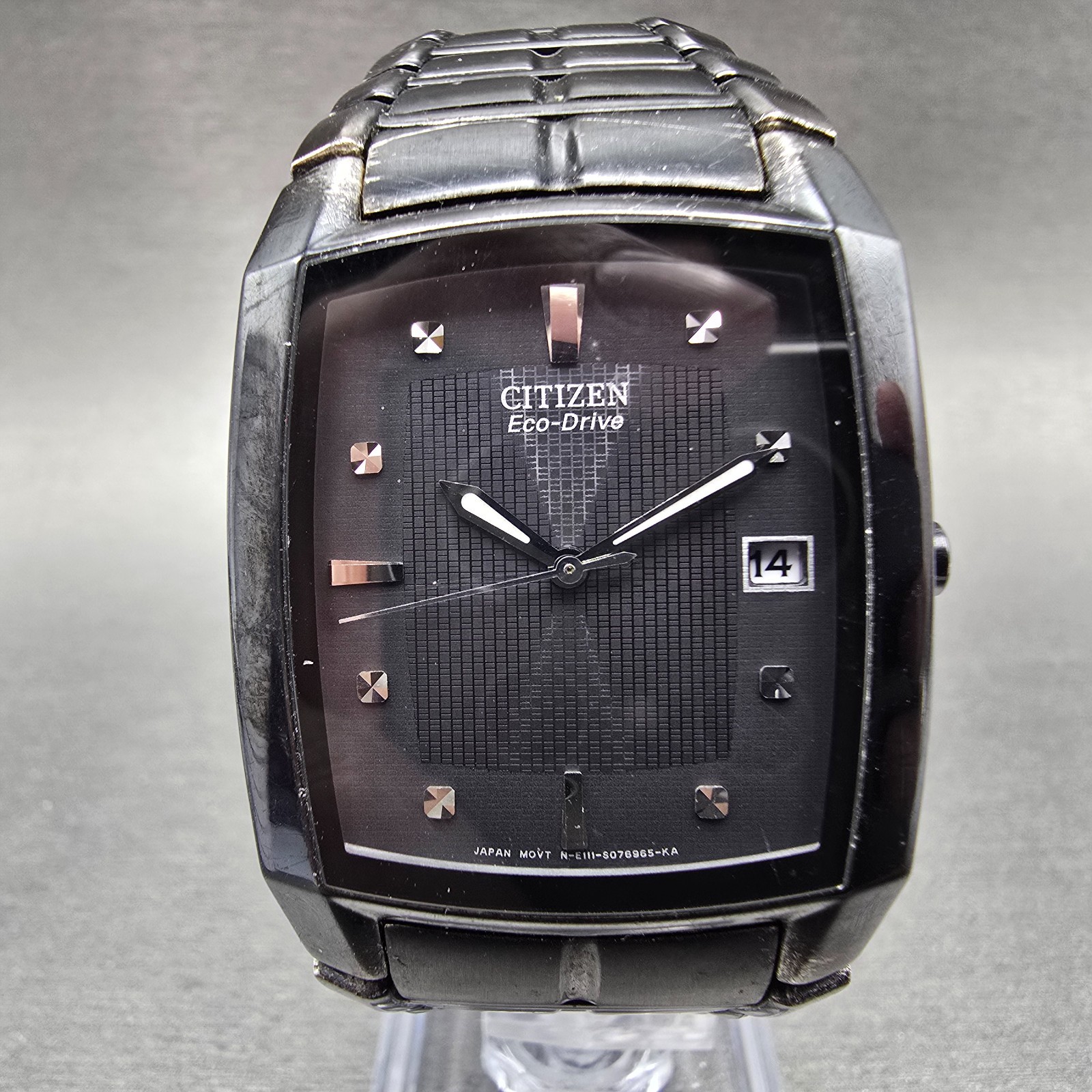 Citizen Eco-Drive Tank Watch Men 31mm Black Dial Black Date E111-S049377 Runs