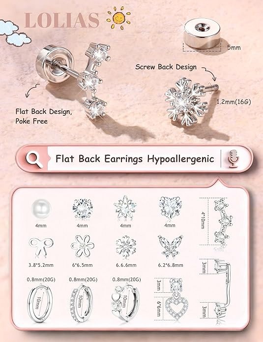 Hypoallergenic Flat Back Earrings Surgical Steel Stud Hoop Set Women