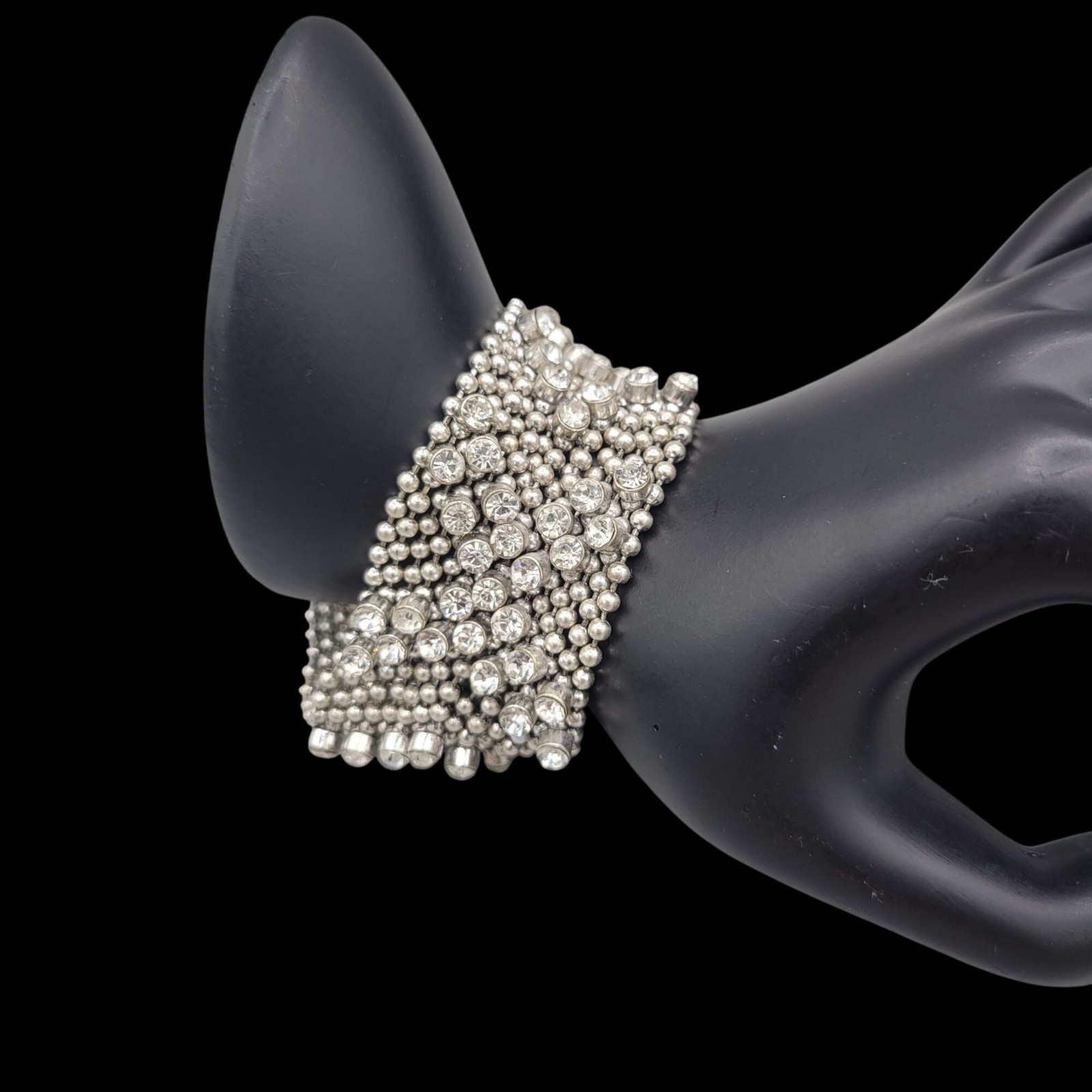 Liquid Metal Mesh Bracelet Silver With Cubic Zirconia Stones Adjustable Snaps