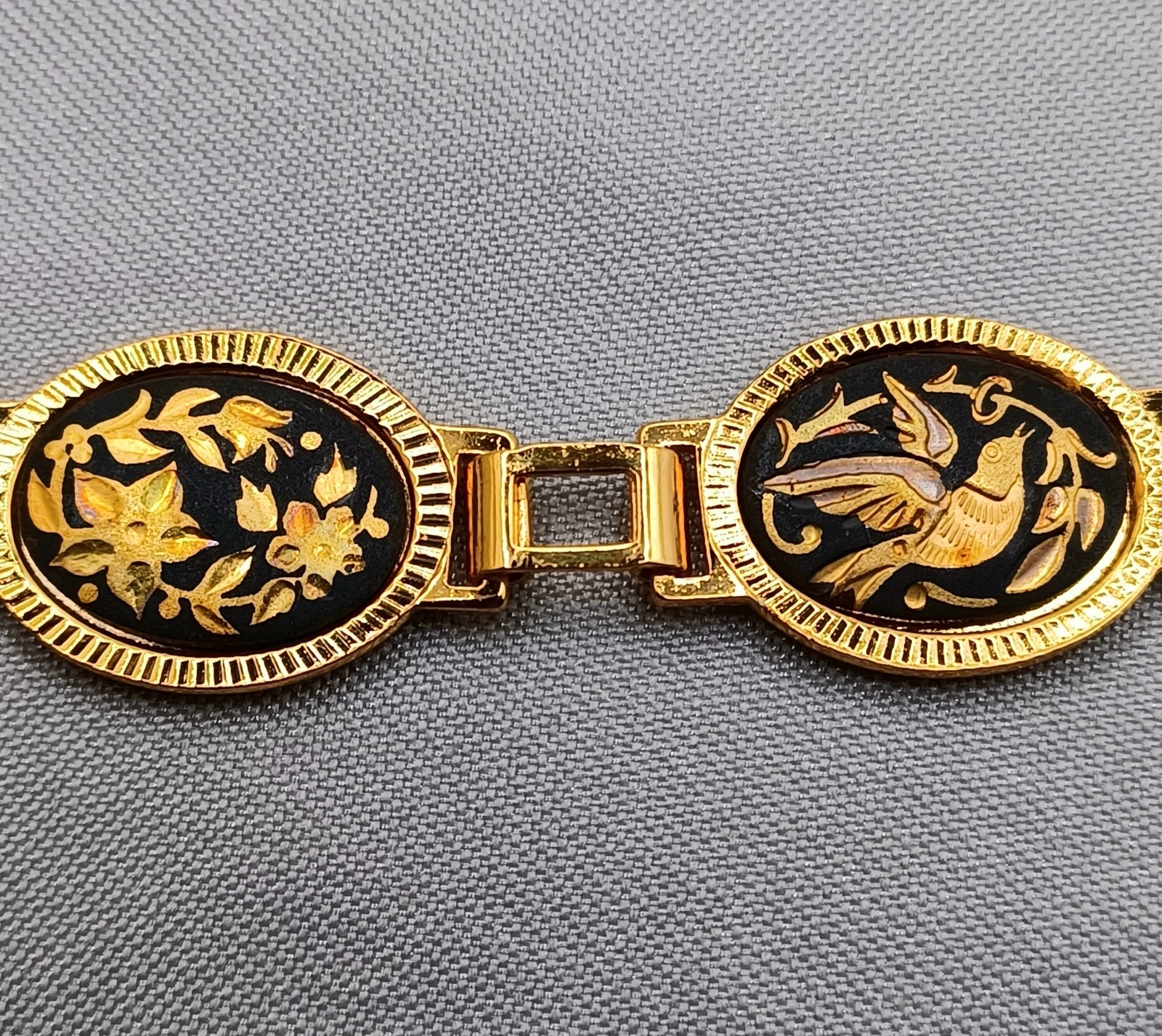 VTG Midas Damascene Bracelet Flower & Bird Black w/Gold Inlay Toledo, Spain8.25″