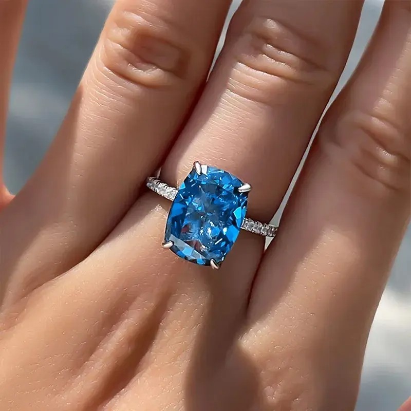 4 Ct blue oval cut real moissanite wedding engagment ring 14k white gold plated