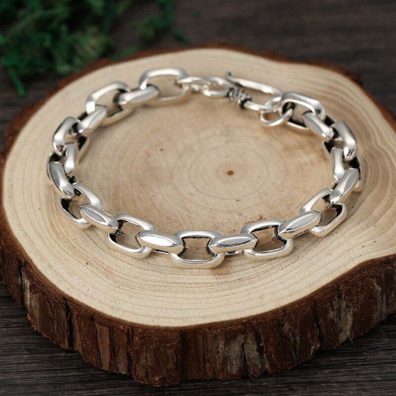Real 925 Sterling Silver For Men Women 8mm Rectangle Cable Link Bracelet