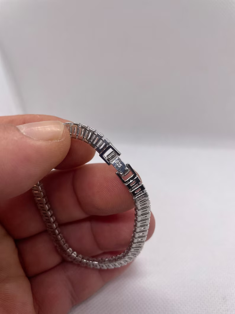 Tennis bracelet baguette cut simulated diamonds 925 sterling 7” long