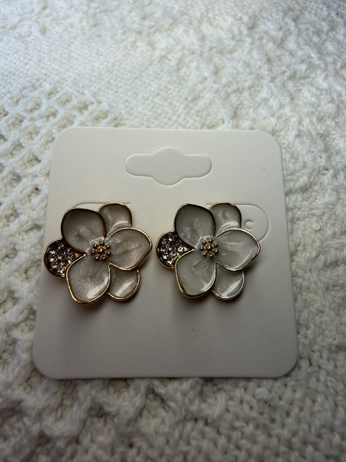 Gold-Plated Gold-Tone White Flower Crystal Pavé Stud Earrings, Butterfly
