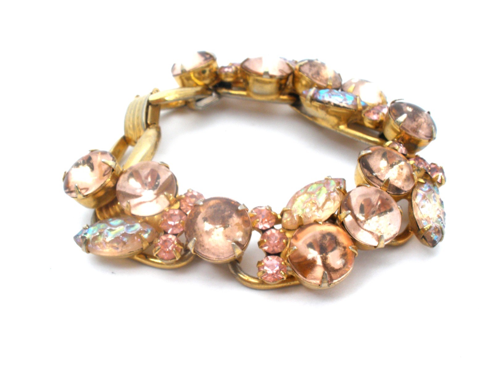 Vintage D & E For Juliana Bracelet Pink Rhinestones 5 Link 7.5″ Long Gold Tone