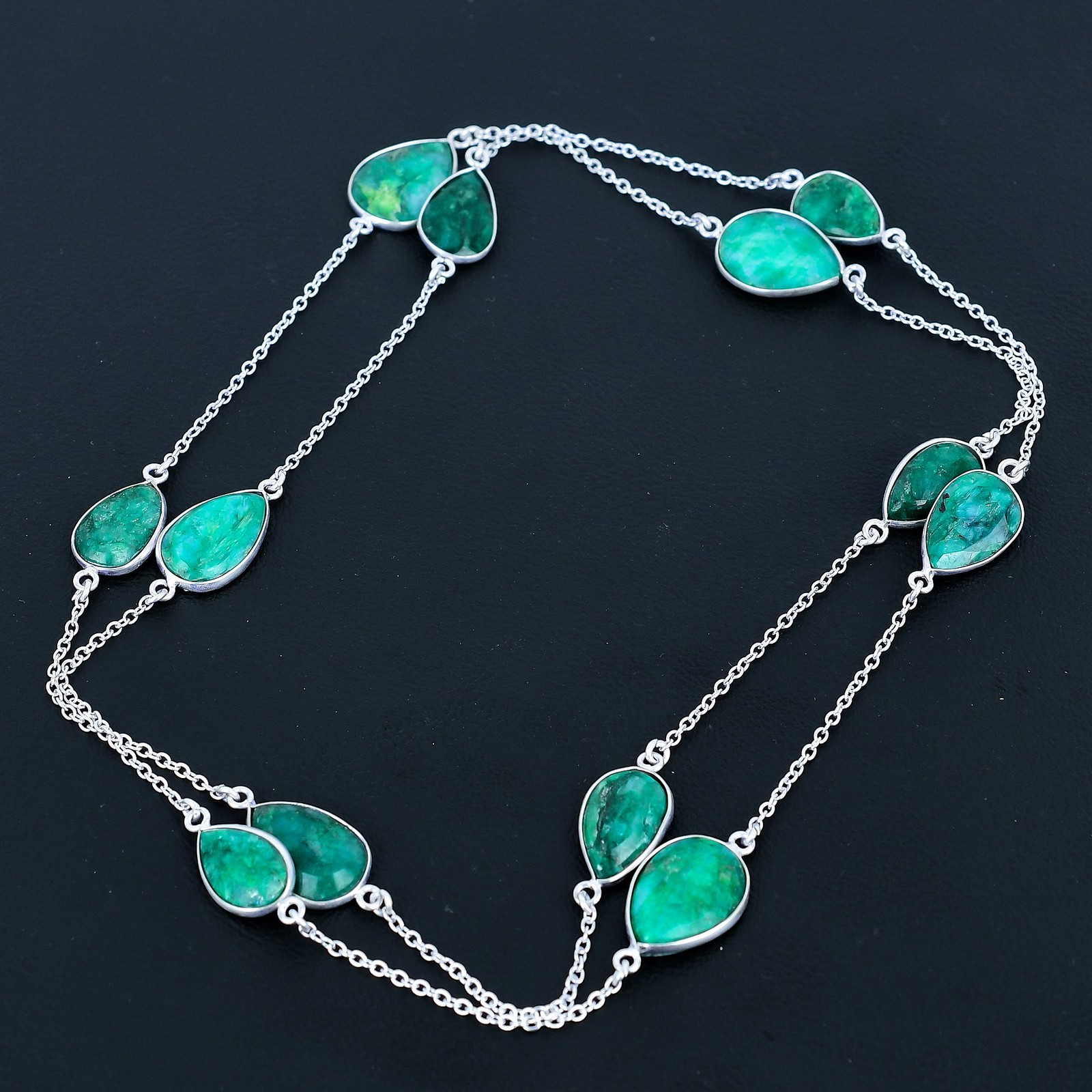 Sakota Mines Emerald Pear Gemstone 925 Sterling Silver Jewelry Necklace 36″ VJ 1