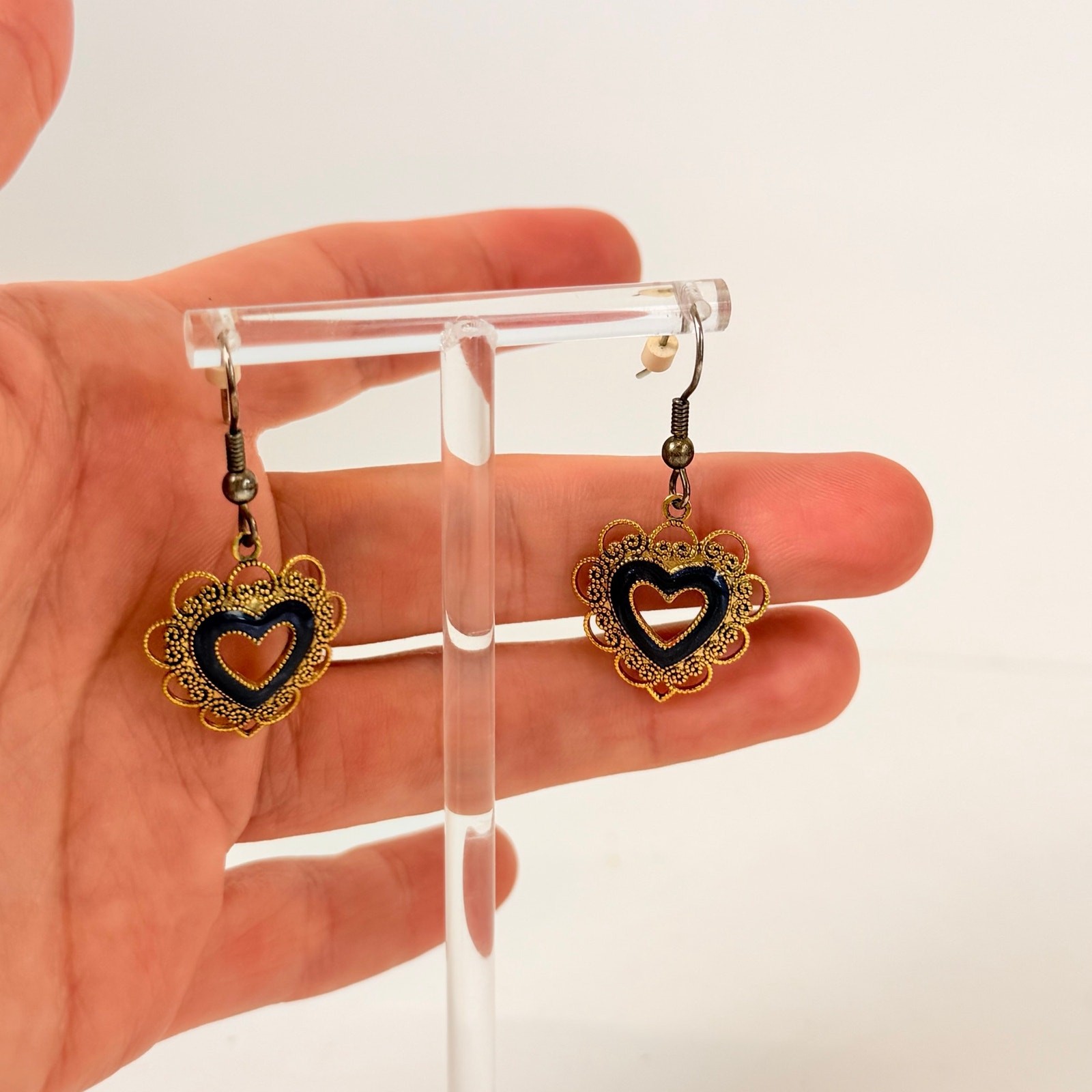 Dangly Heart Gold Earrings | 90s Lacey Gold-Tone Heart Earrings