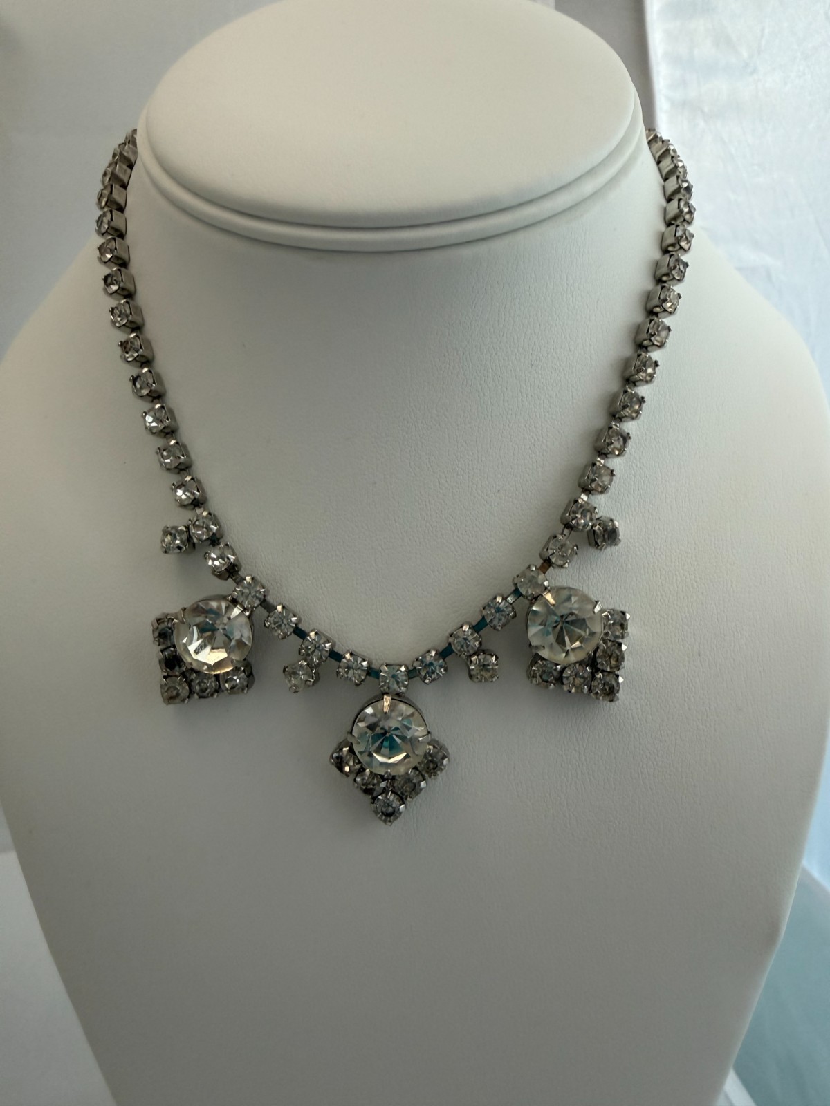 Vintage 50s Rhinestone Statement Choker Necklace Mid-Century Rhodium Plated Prom