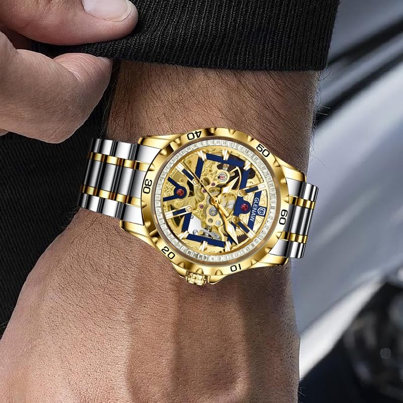 Automatic Watches for Men-Rhinestone Ring Open Dial, Skeleton Mechanical Self…
