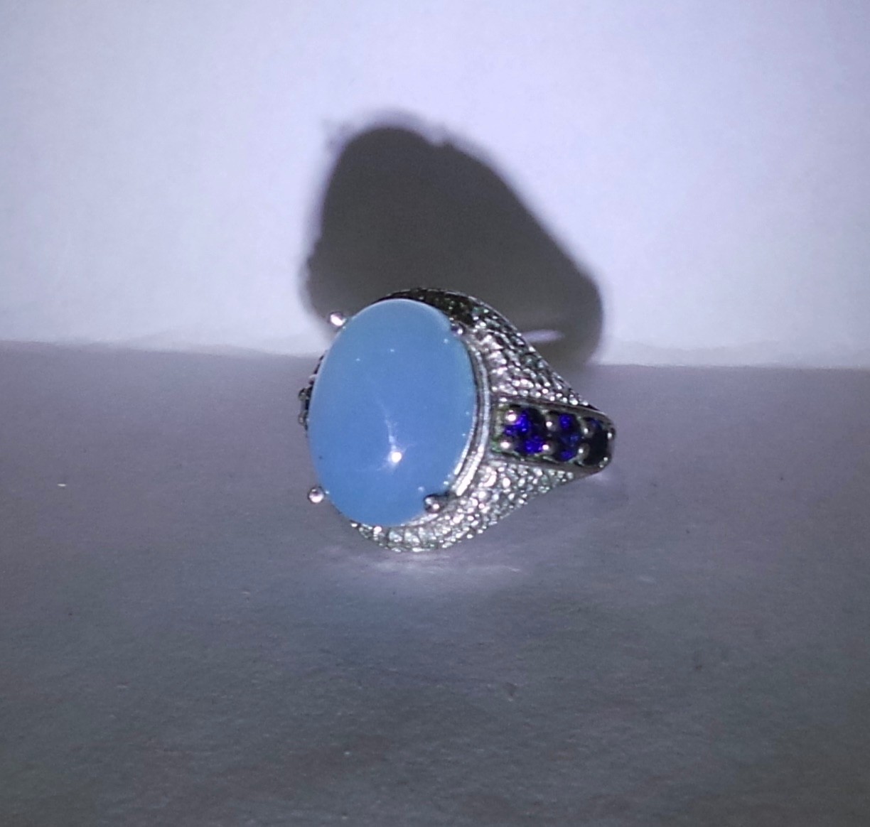 STS Karis Oval Aqua Chalcedony & Blue Accents Ring Silver Tone Size 6 14x10mm
