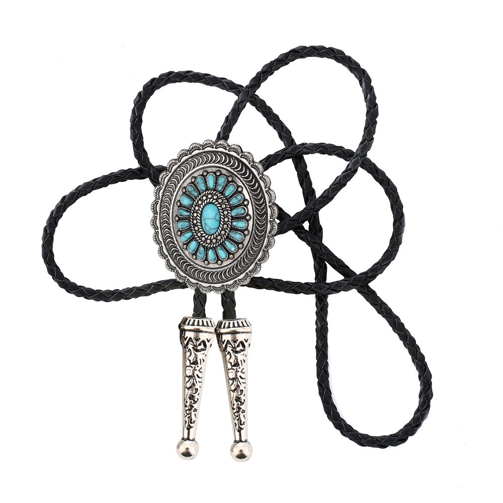 Vintage Bolo Tie Turquoise Stone Silver Sterling Cowboy Men Oval Navajo