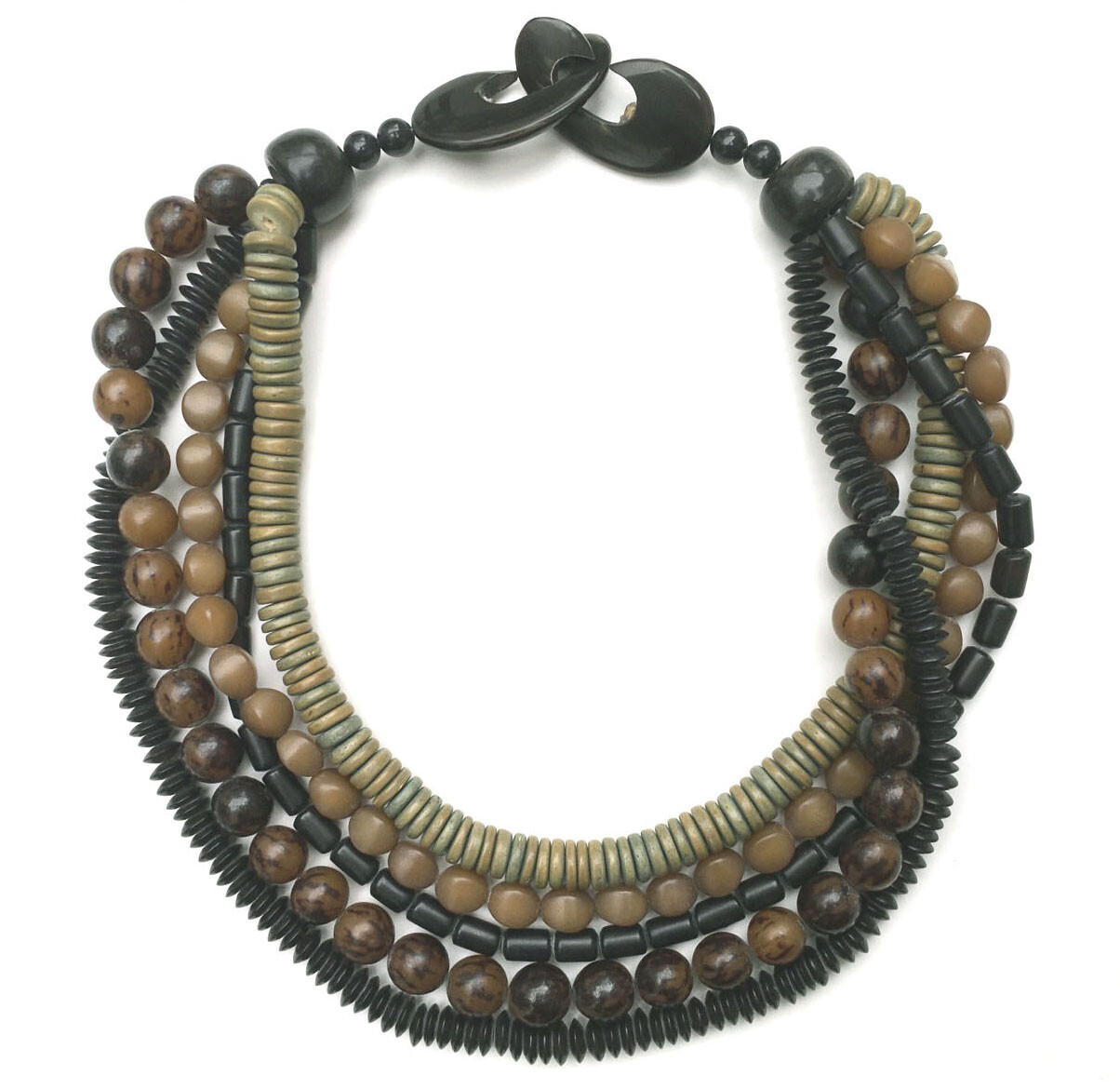 MONIES GERDA LYNGGAARD DENMARK 5-STRAND NECKLACE wood, resin, horn, C-clasp VTG