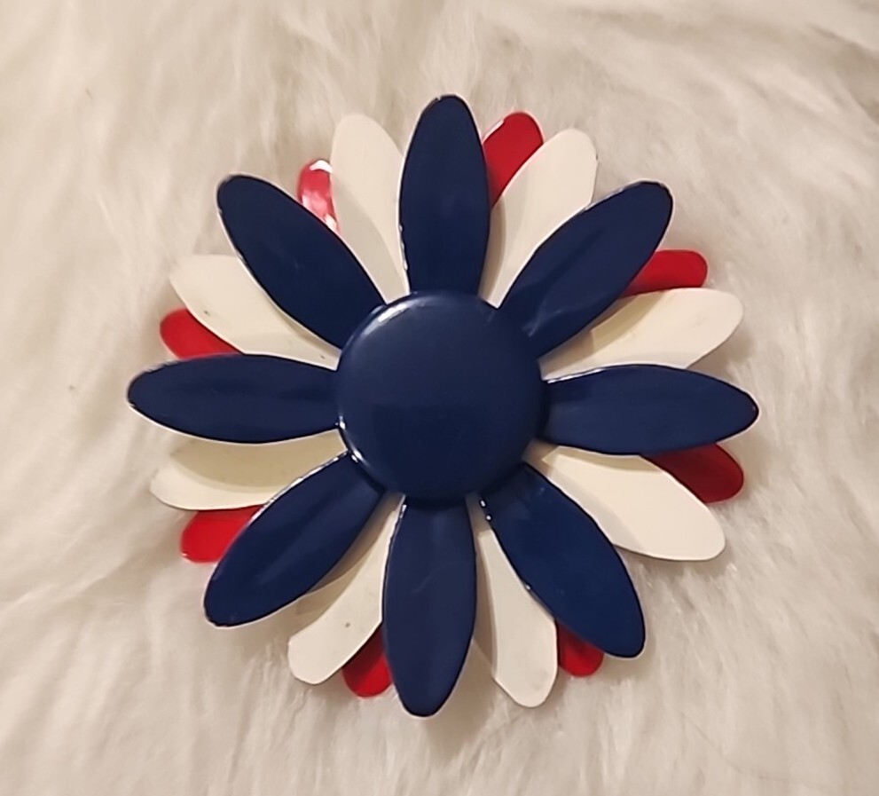 Vintage White Red Blue Enamel Flower Brooch 1960’s