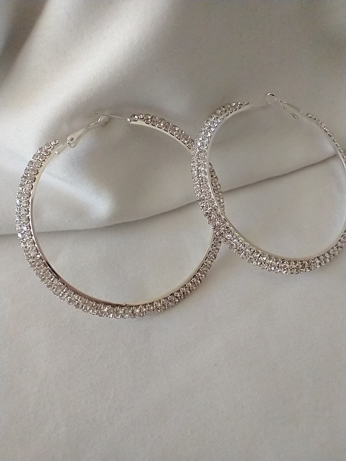 Large 3 Inches Silver Tone Rhinestone Statement Post Hoop Earring Women Jewelry