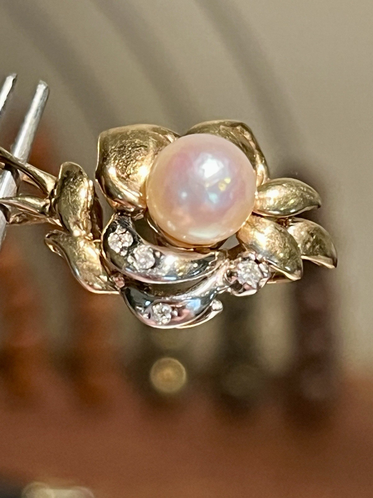 14k Yellow and White Gold Pearl and Diamond Pendant 2.41gr 1 X1/2 Inch Vintage