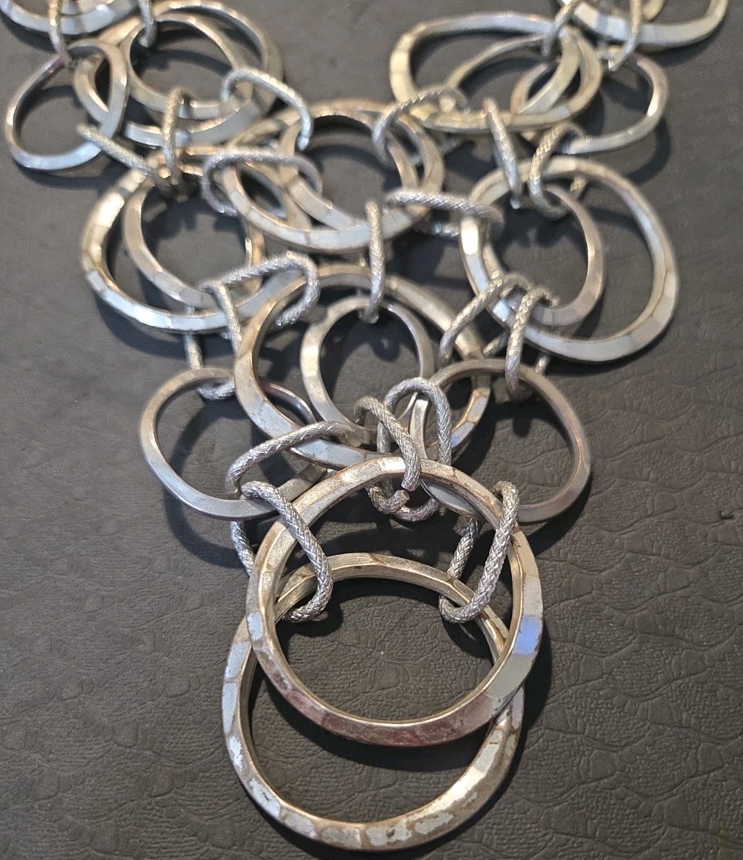 CHICO Silver Tone Statement Link Necklace Heavy Modern Mixed Ring Design 157g