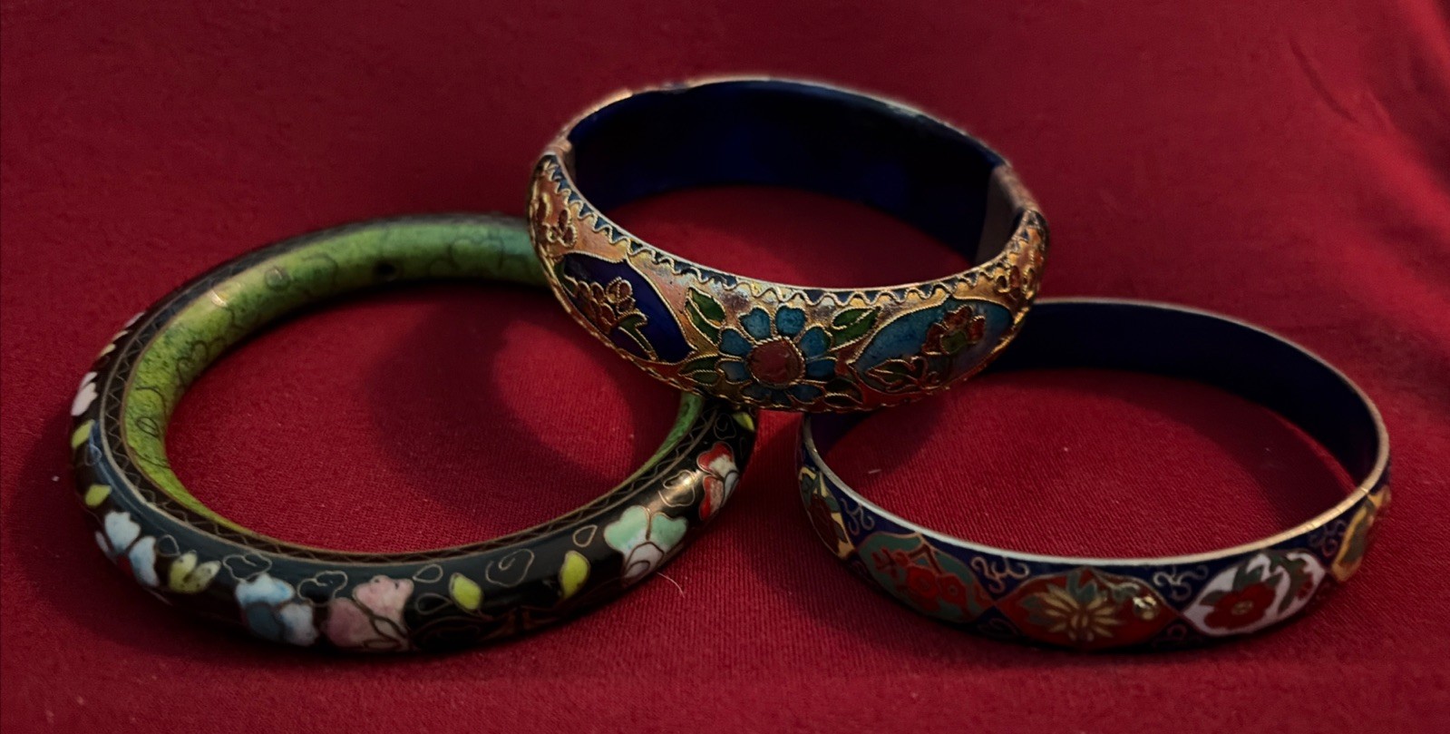 Three Vintage High End Cloisonné Bangle Bracelet One Hinged Antique