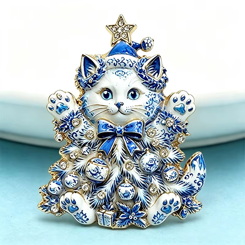Christmas Tree Cat Brooch Pin Rhinestone Kitty Holiday Lapel Pin Gift for Women