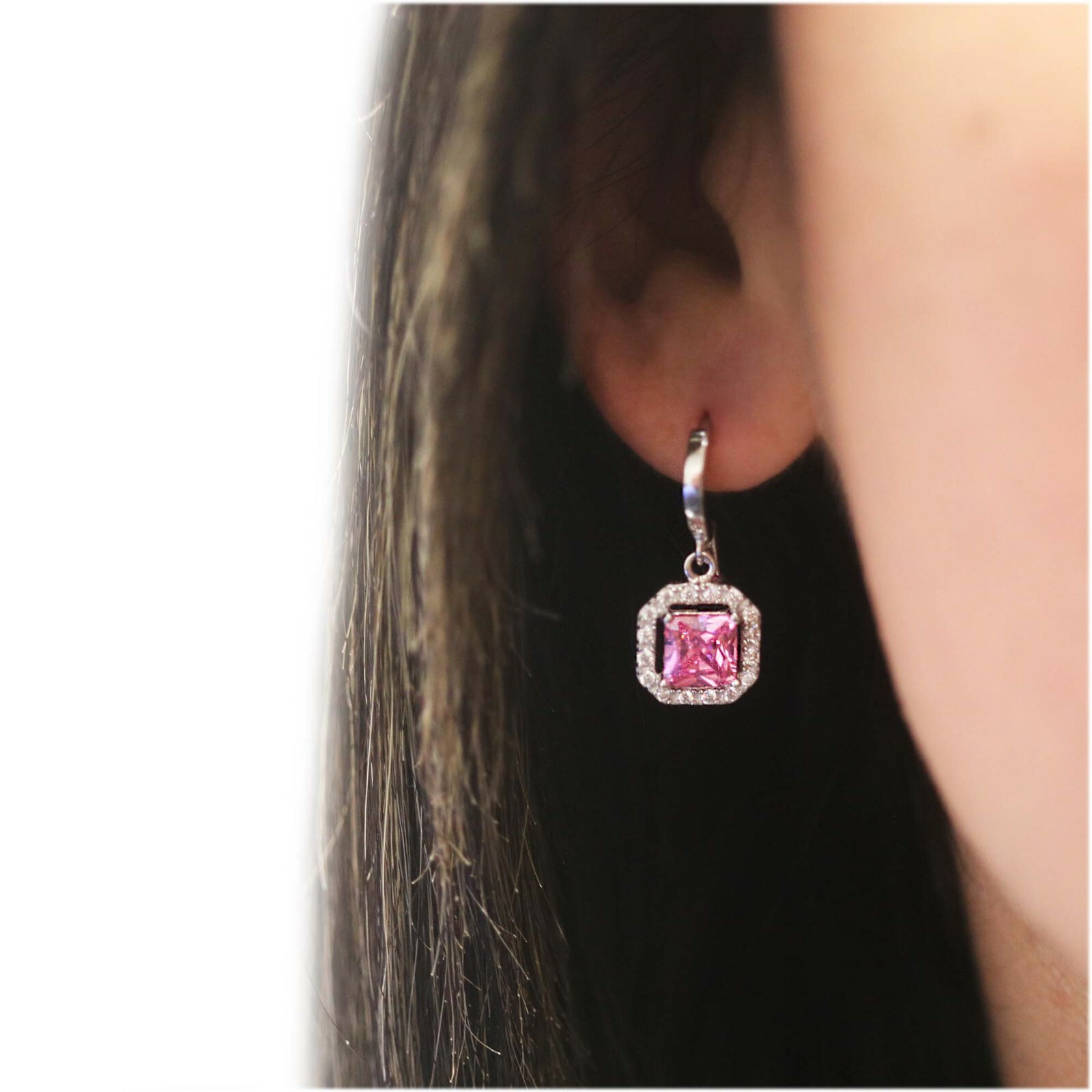 925 Sterling Silver Pink & White Topaz Princess Cut Halo Leverback Earrings