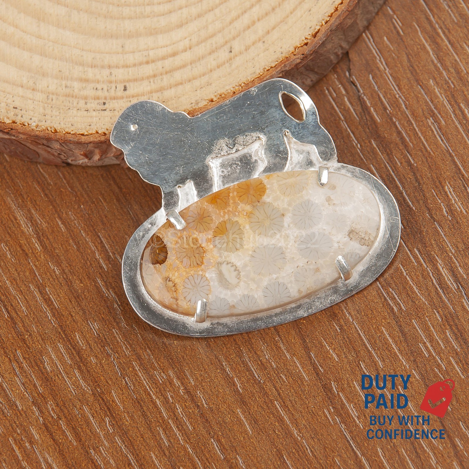 925 Sterling Silver OVAL Genuine Golden Fossil Coral Channel Set Wife Pendant