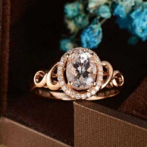 2Ct Oval Cut Morganite Diamond Classy Halo Engagement Ring 14K Rose Gold Finish