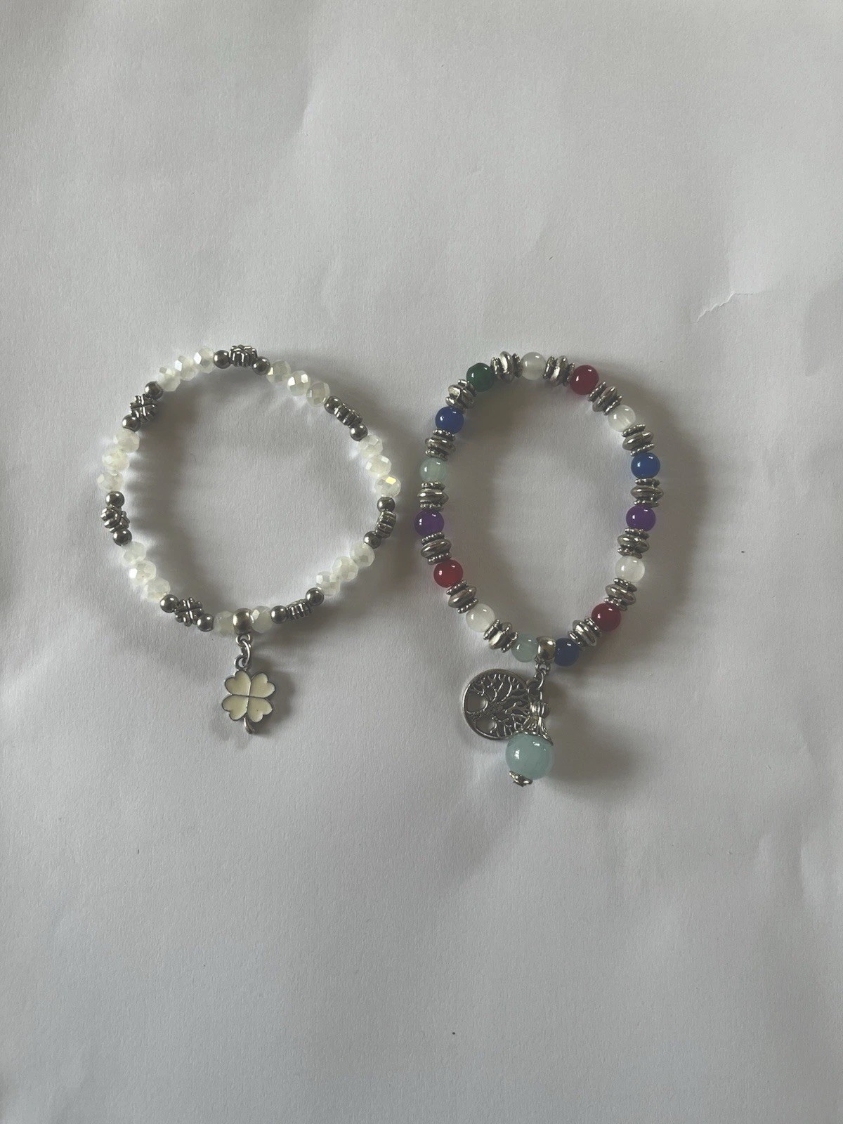 2 Stretch Bracelets Bundle Chakra Tree of Life & White Crystal Clover Unworn