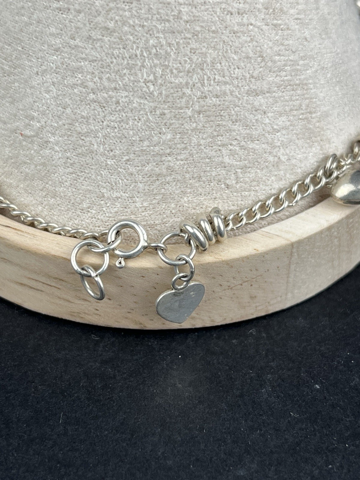 Sterling Silver 925 Puffy Heart Charm Anklet 9.75” Adjustable 9.45g