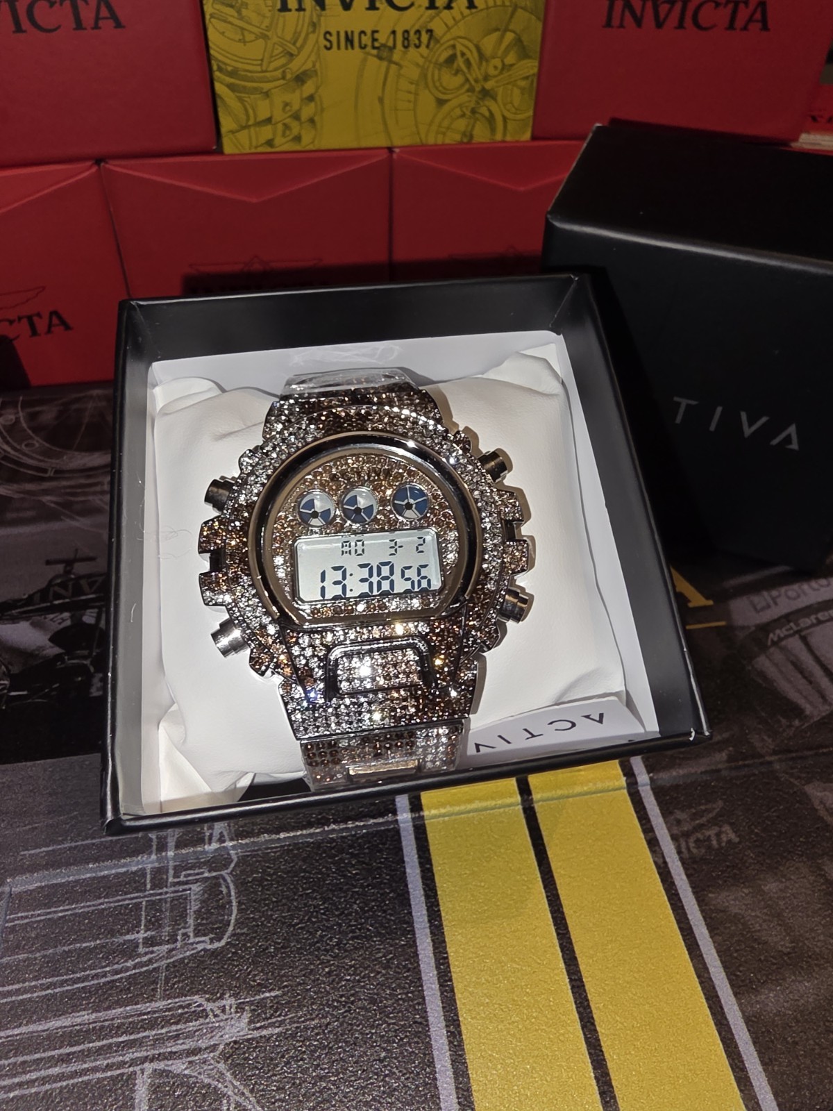 Activa X Invicta Digital Men’s Watch 51mm in Silver tone finish Brown Iced Out