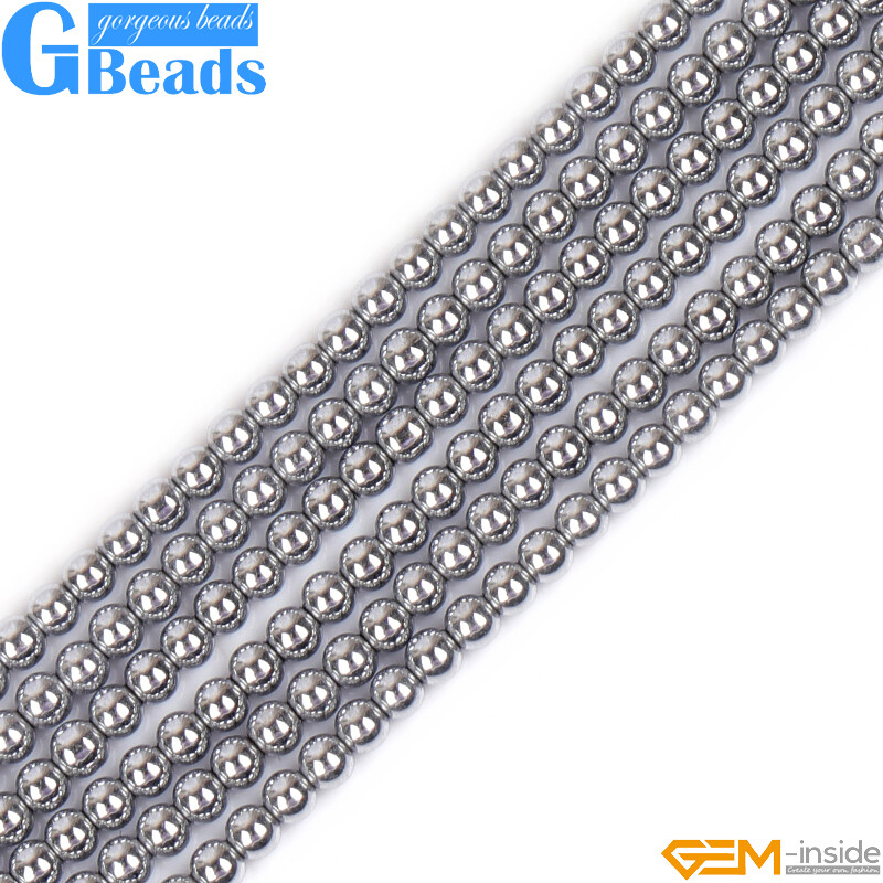 Silver Metallic Coated Reflections Hematite Round Beads Free Shipping Strand 15″