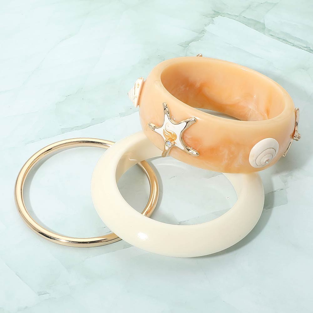3PCS Starfish Resin Bangle Bracelet Set Coastal Beach Stackable Cuff Women