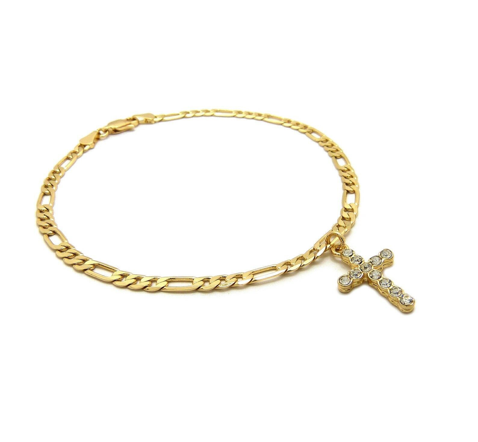 GOLD PLATED CUBIC ZIRCONIA CROSS 3mm 10″ FIGARO CHAIN FASHION ANKLET BRACELET