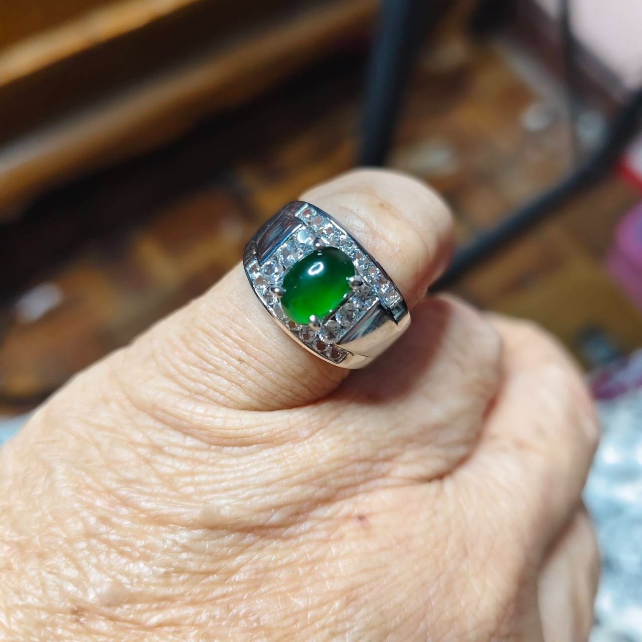 6.4×5.4 mm TypeA Natural Burma imperial green jade white Topaz 925 Silver Ring