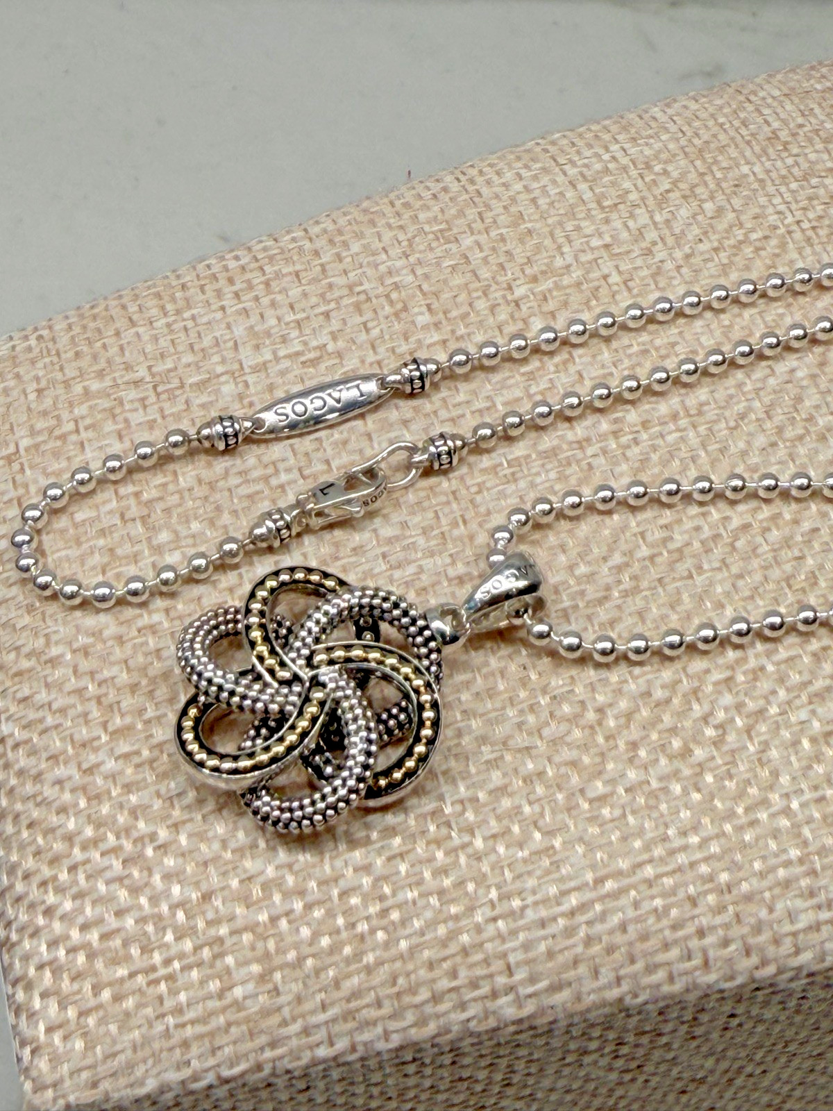 LAGOS LARGE LOVE KNOT TWO-TONE SILVER 18K GOLD PENDANT NECKLACE