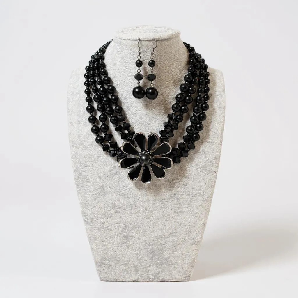 Black Epoxy Coating On silver Tone Flower Pendant Four Layers Gradua Set