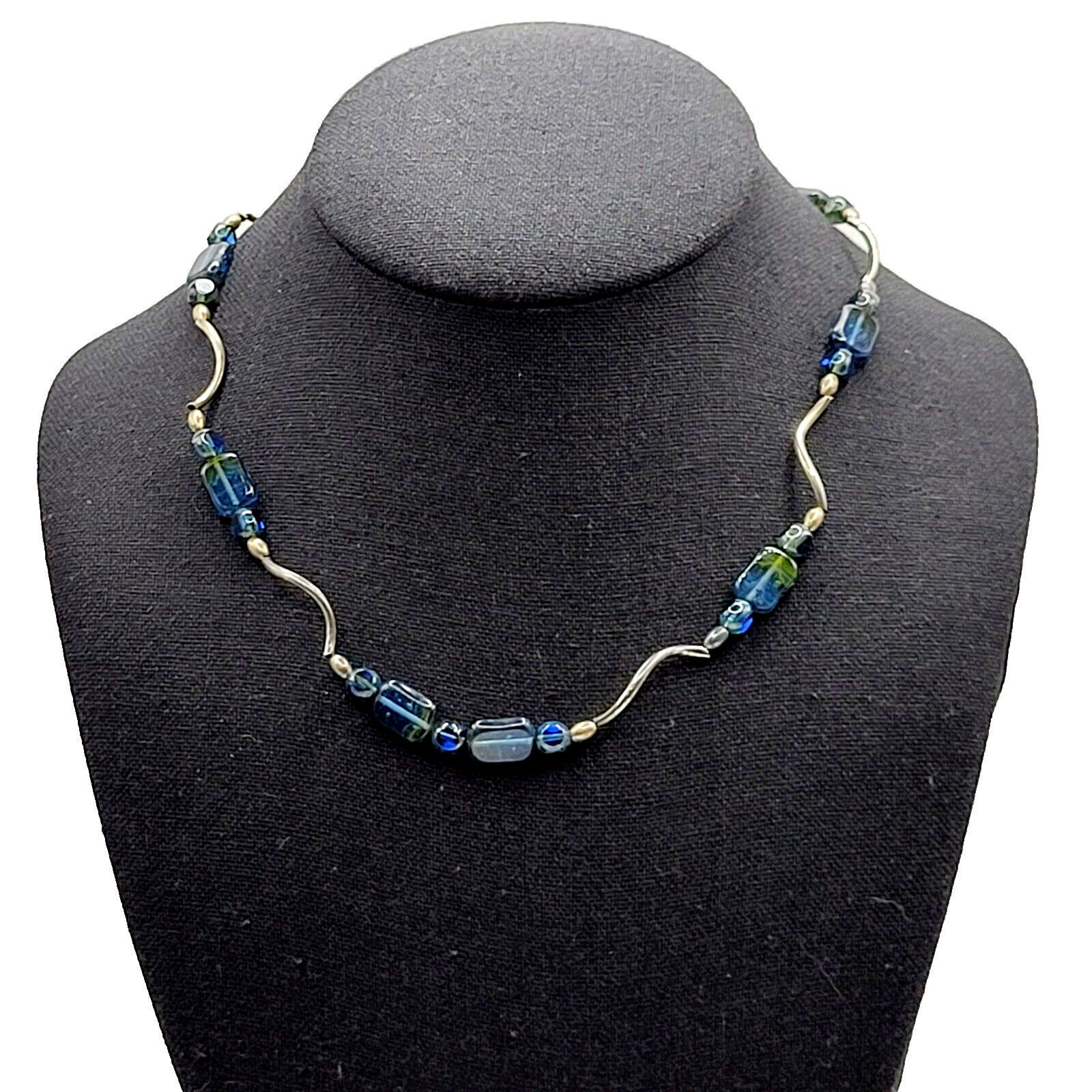 Vintage Blue Green Translucent Art Glass Necklace Wavy Silver Tone Alloy 18 in