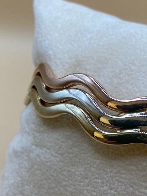 9ct Yellow, Rose And White Gold Triple Wave Bangle-Pre Owned