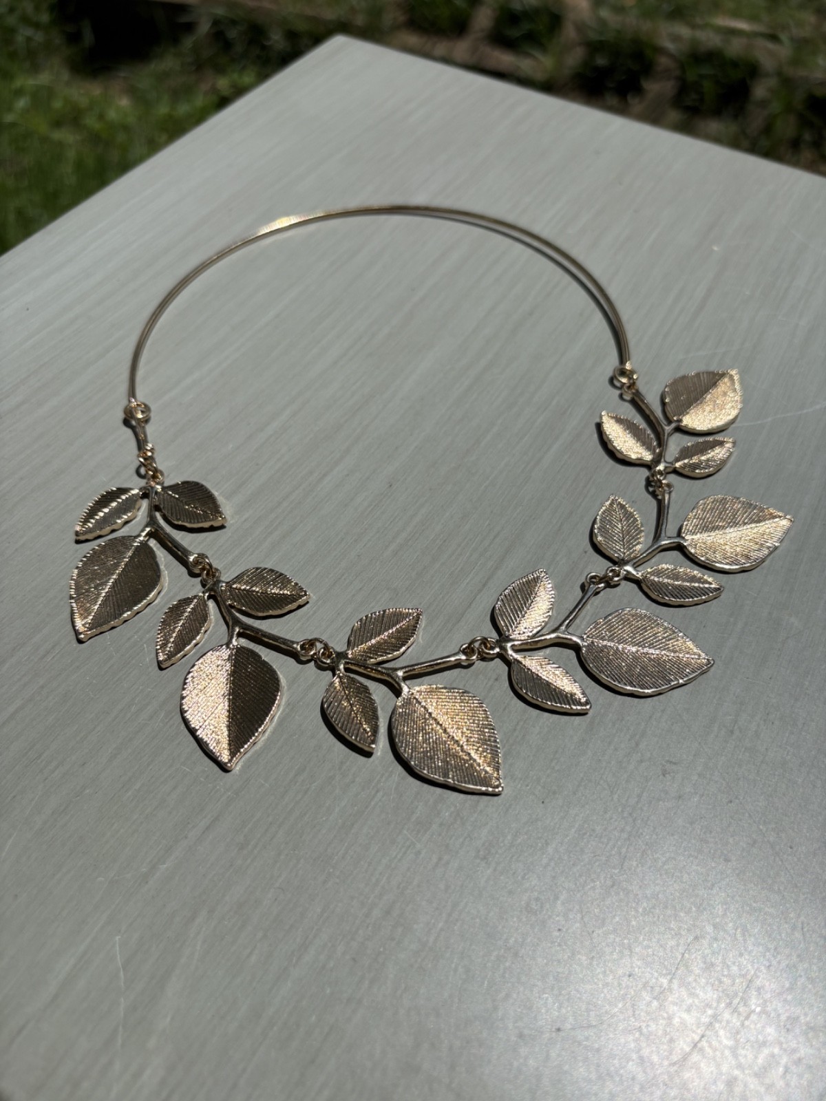 Heavy Gold Tone Leaf Choker Statement Necklace