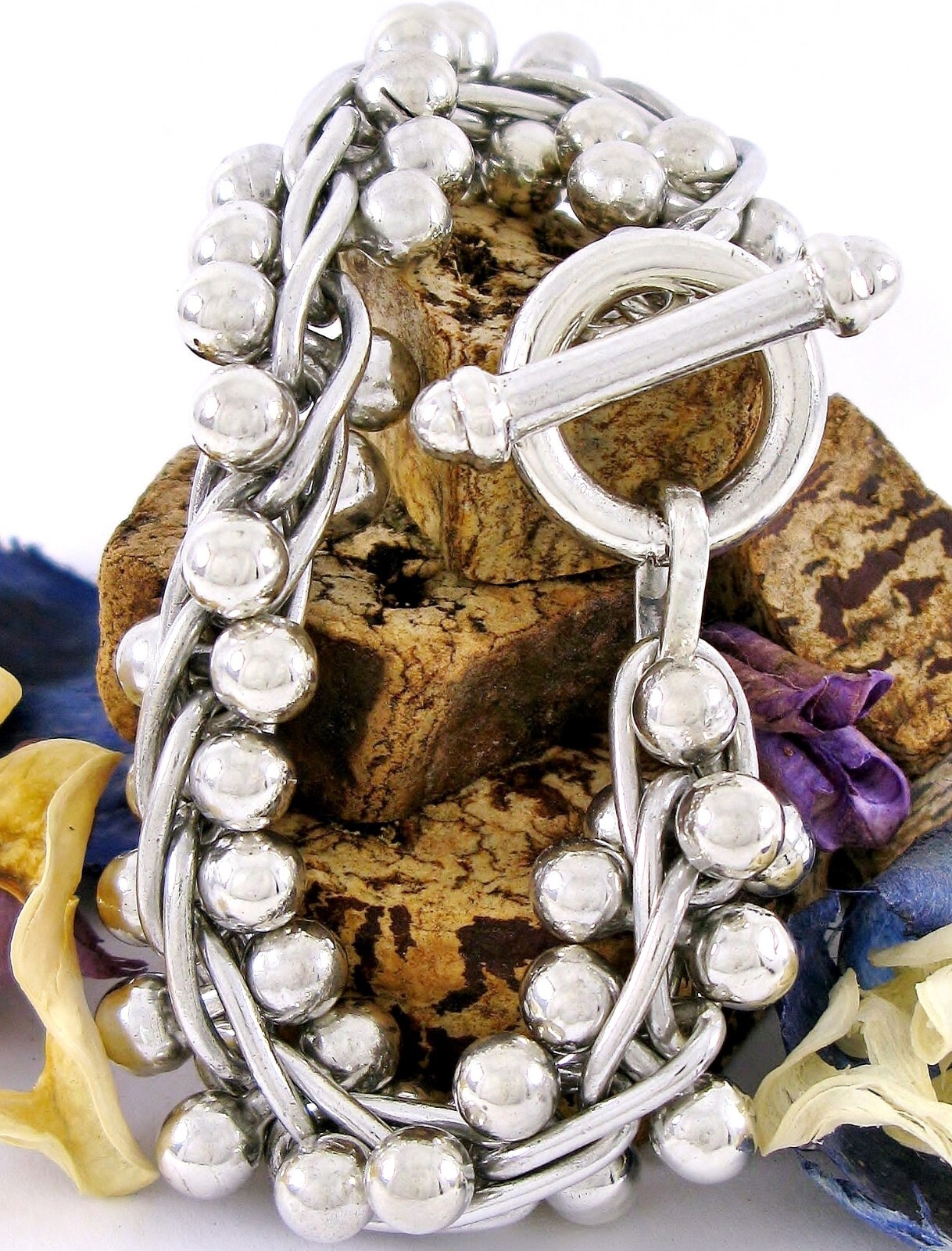 Solid Sterling Silver 925 DNA Beaded Toggle Bracelet 73g