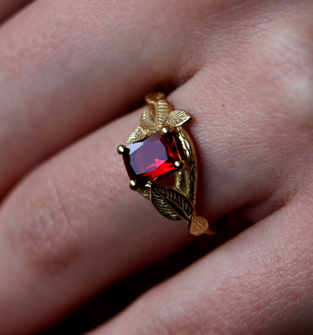 Lovely Emerald Cut Red Ruby Simulated Diamond Leaf Proposal Ring 10k Yellow Gold