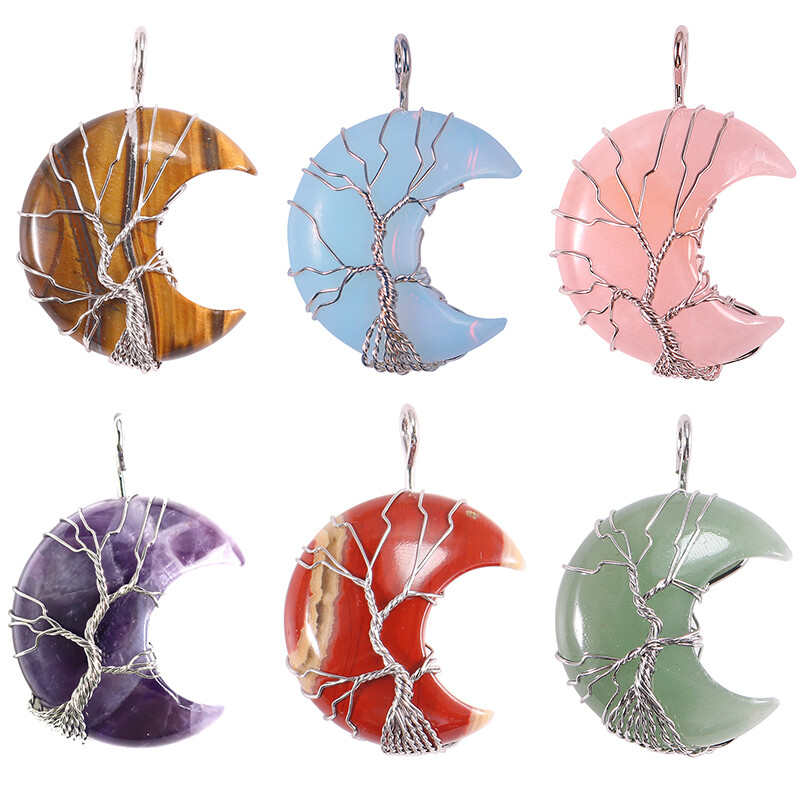 Natural Quartz Crystal Stone Moon Tree of Life Pendants Silver Wire Wrap 5pc
