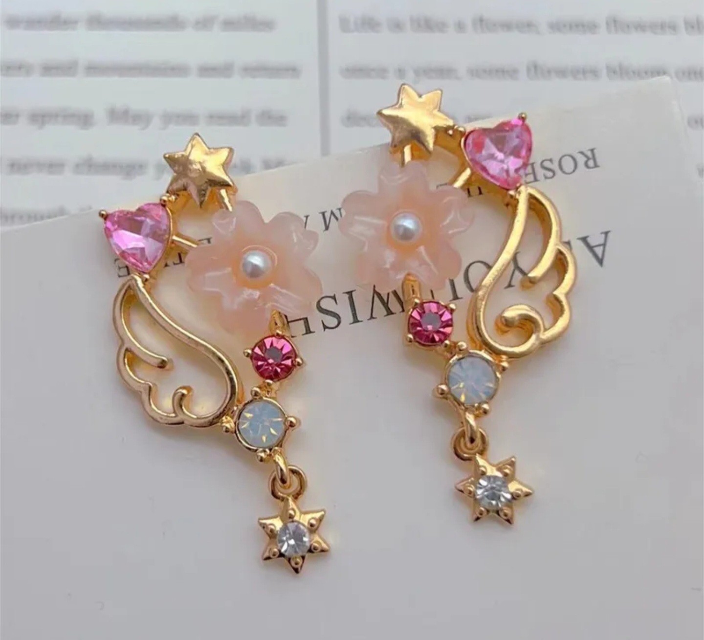 Gold Tone Flower Dangle Drop Earrings Pink Heart Crystal Faux Pearl Stud