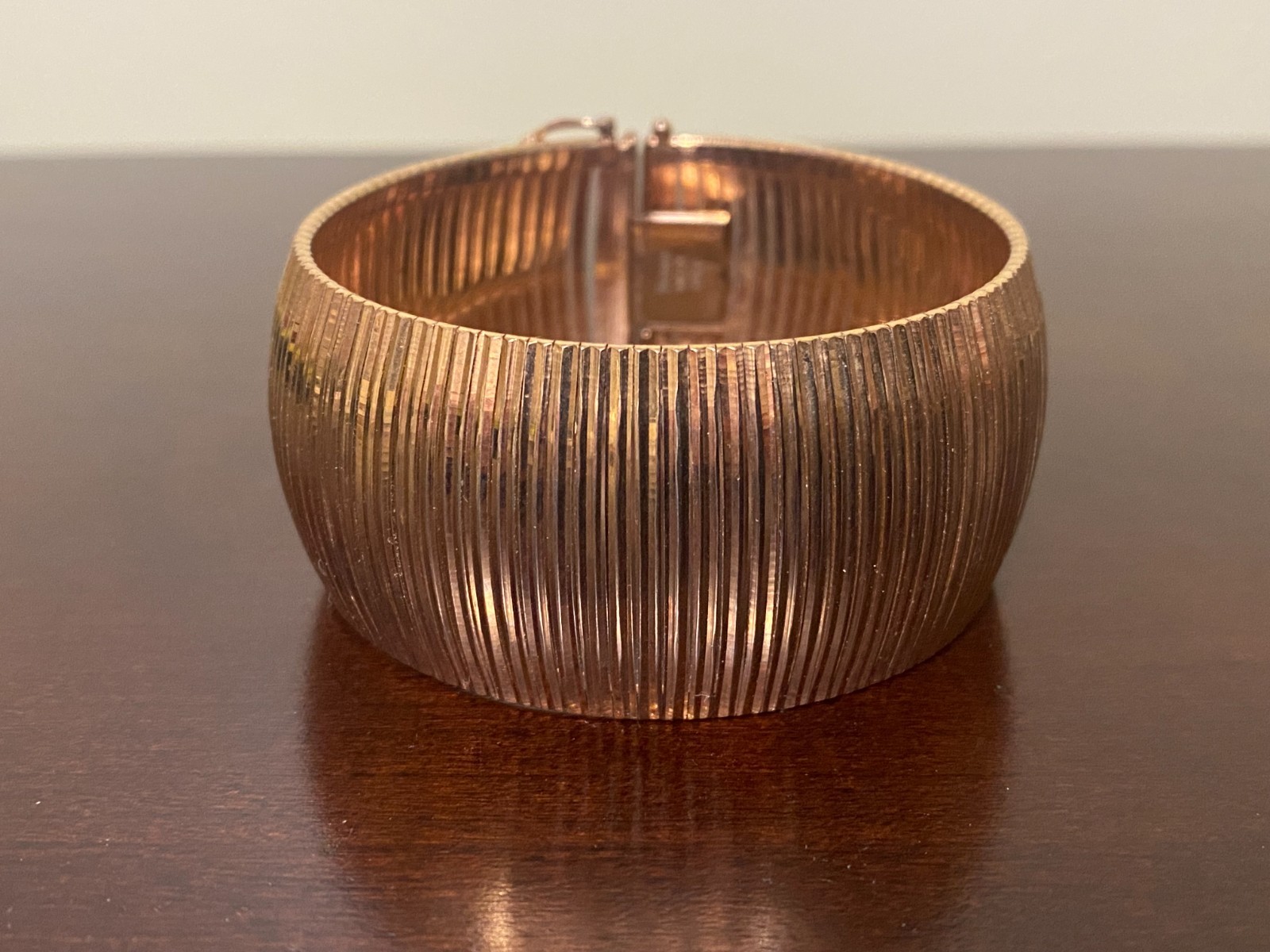 Milor Italy Bronze Bracelet Wide Ribbed Bangle Gold Tone Modernist Cuff Y0240