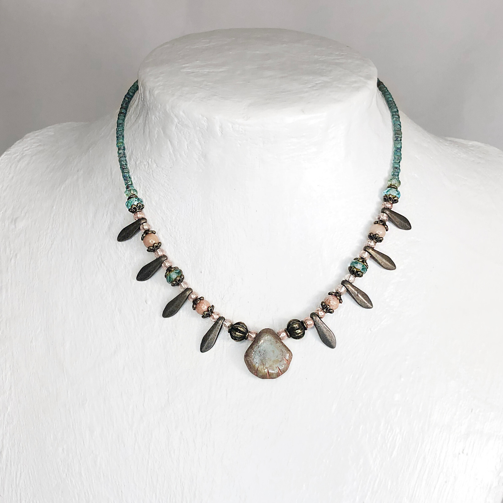 Rustic Czech Glass Picasso Sea Shell Choker with Bronze Daggers