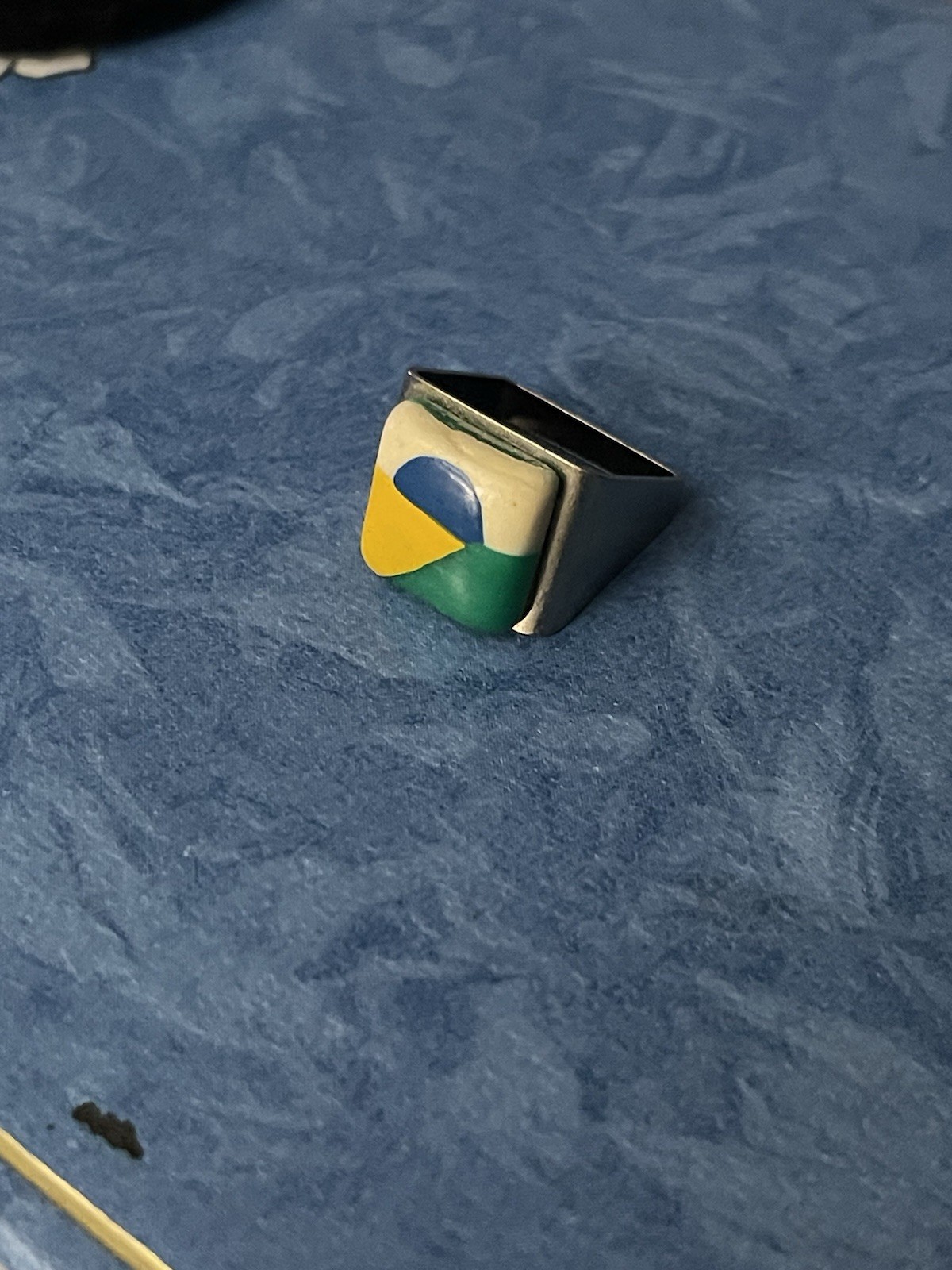 MCM Vintage Metal And Enamel Art Deco Ring With Square Band Size 4.5 Unique