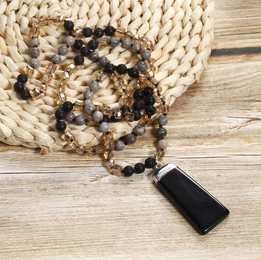 Natural Lava Stone & Jasper Beaded Necklace with Banded Agate Pendant 19″ *NEW*