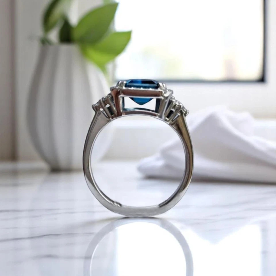 3.50Ct Emerald Cut Natural Blue Topaz Diamond Wedding Ring 950 Platinum 6 7 8 9